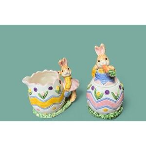 Fitz & Floyd Omnibus Egg-Spress Bunny Rabbit Creamer And Sugar Bowl Spring READ